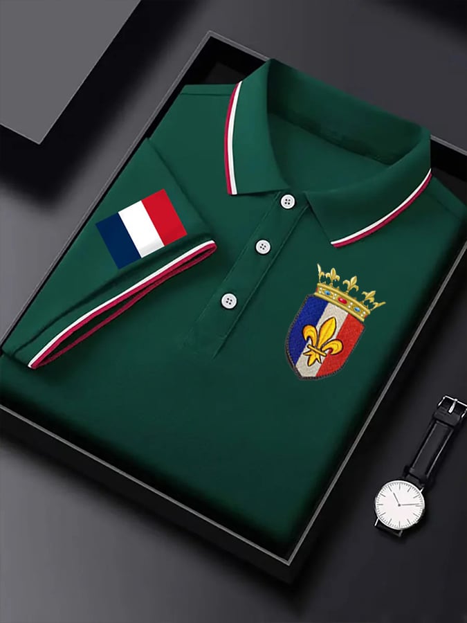 Men's Short-Sleeved French Badge Printed Button-down POLO Shirt