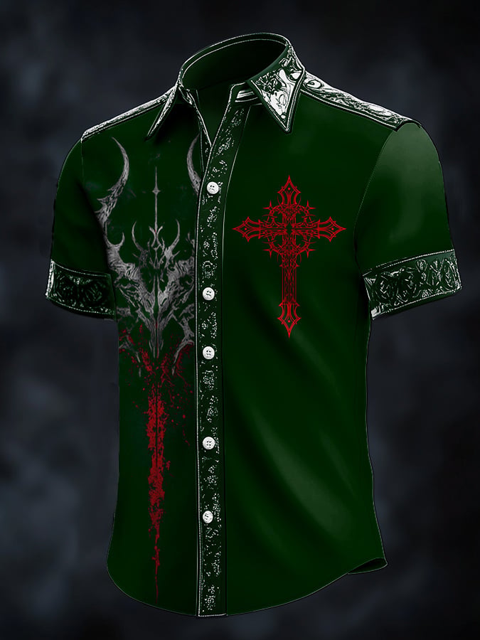Men's Casual Fashion Dark Pattern Cross Crow Contrast Satin Shirt