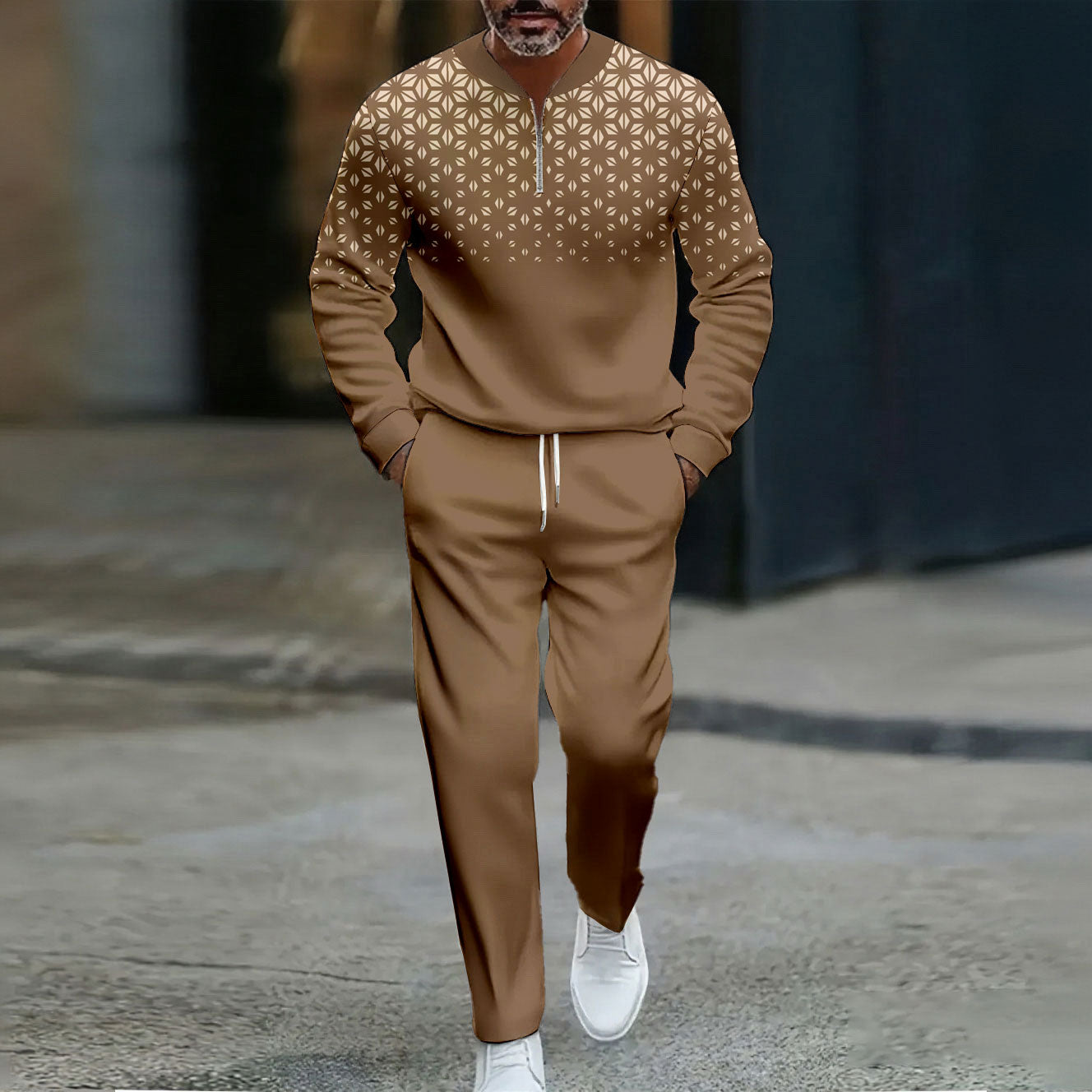 Men's Casual Color Matching Printed Round-Neck Zipper Long Sleeved Trousers Two-Piece Set