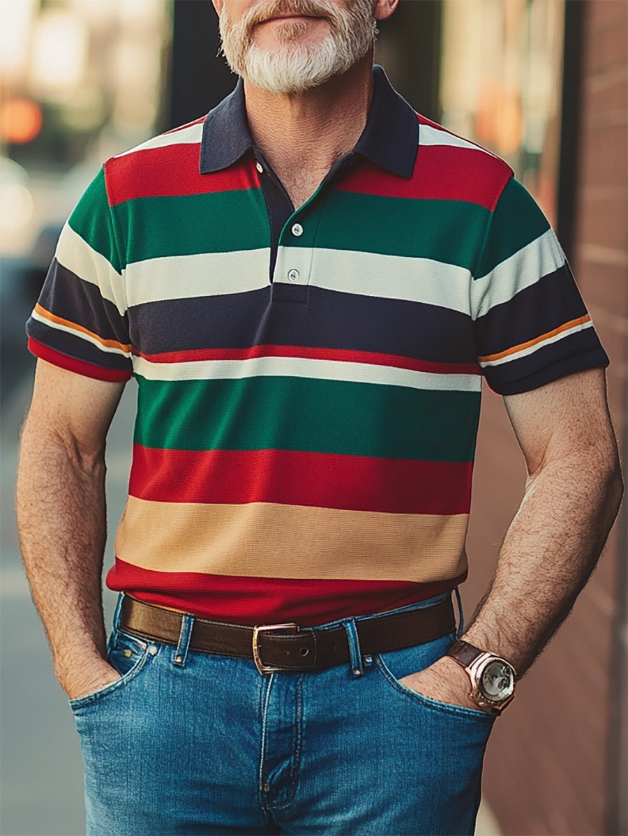 Men's Casual Business Stripe Print Button-Down Short Sleeve Polo Shirt