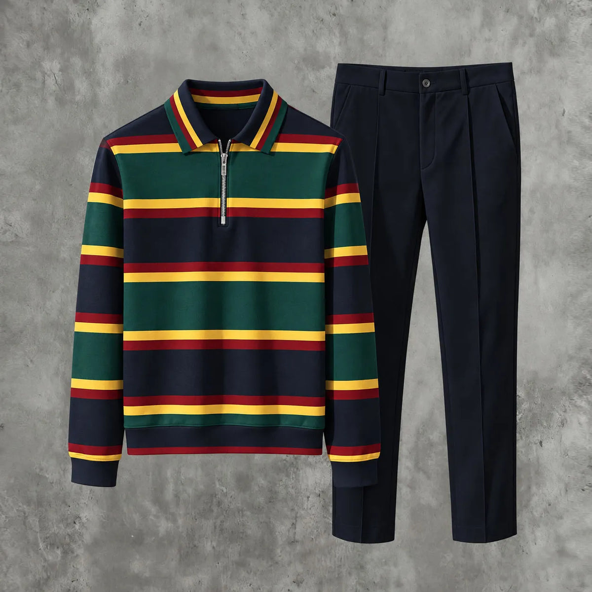 Men's Printed Zipper Polo Shirt and Pants Set