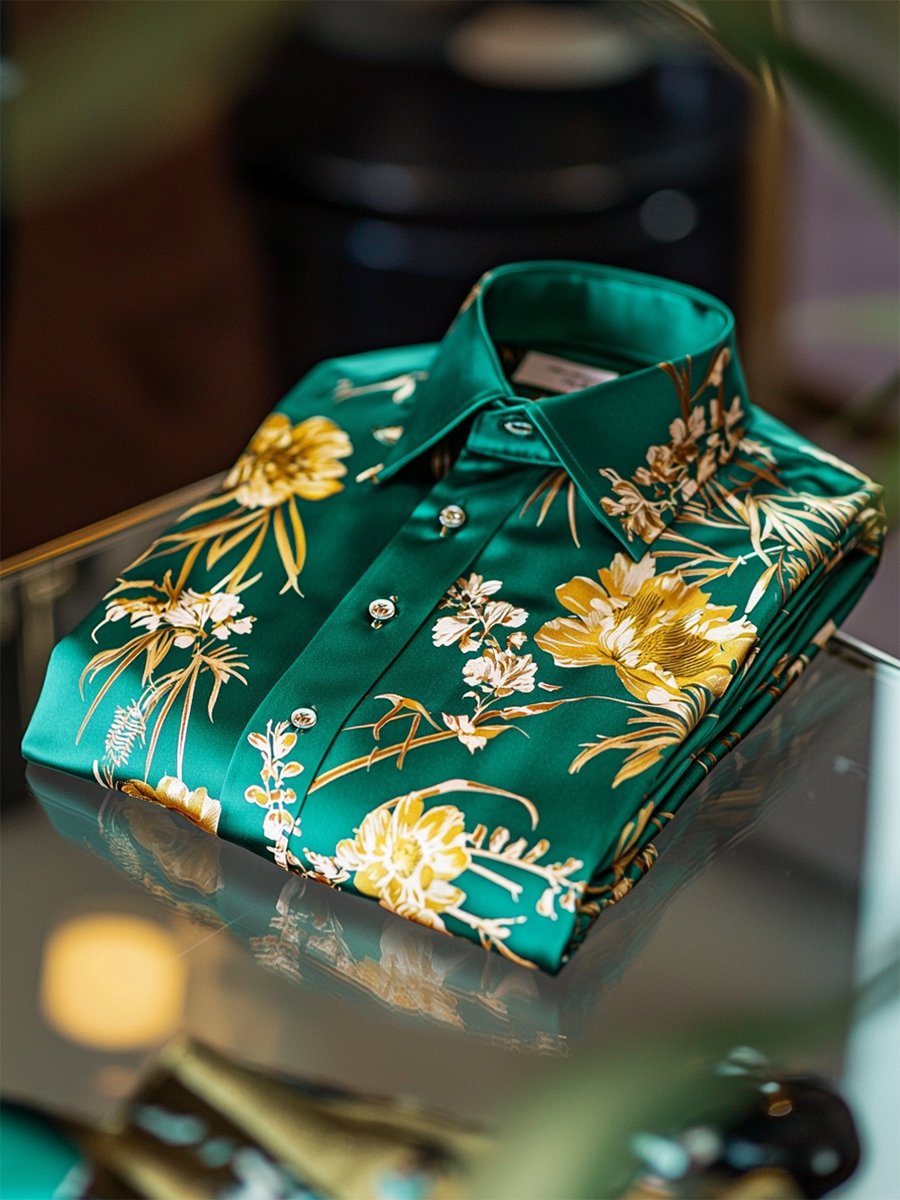 Men's Satin Luxe Hawaiian Print Short Sleeve Button Shirt