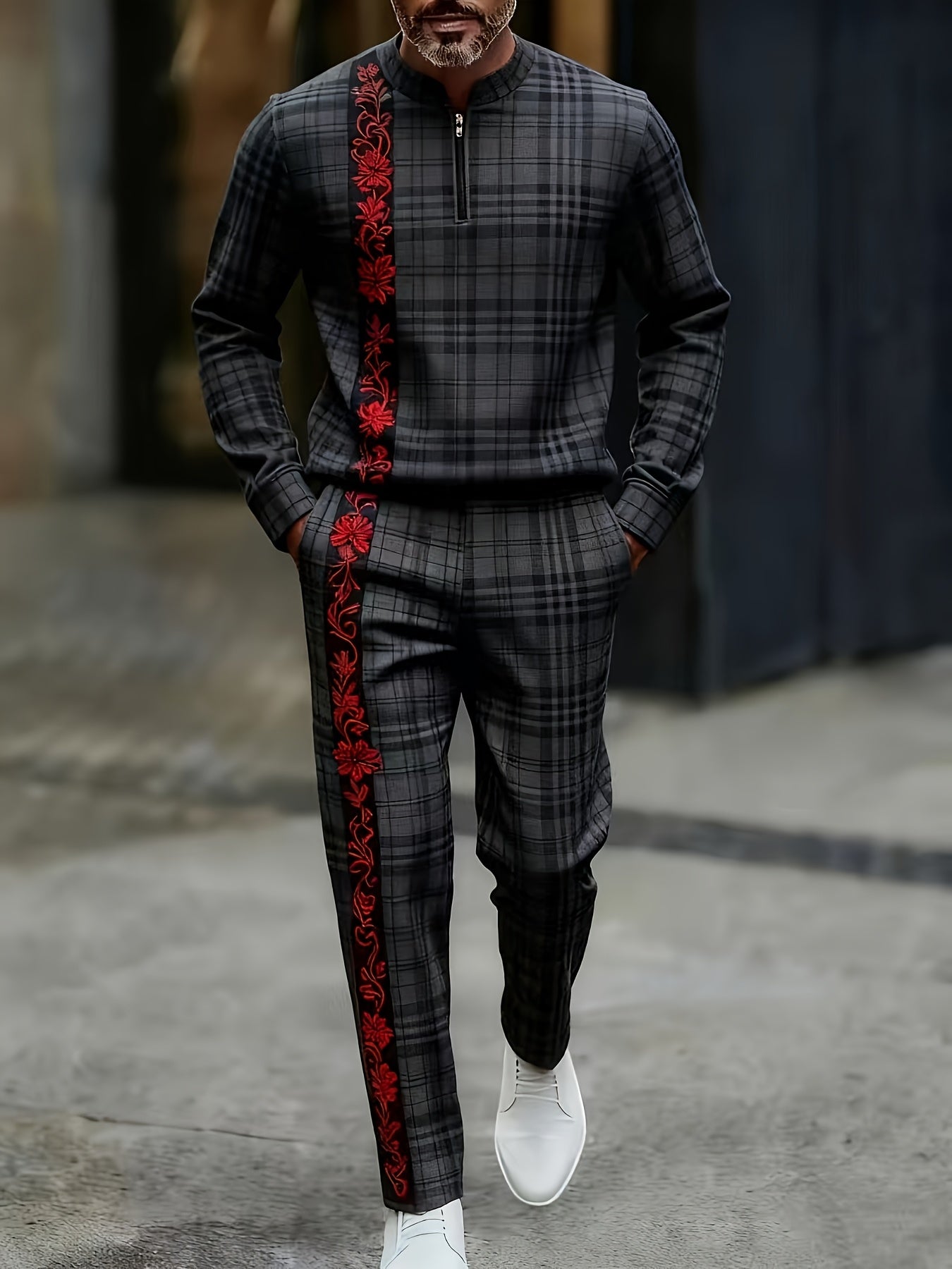 Men's Casual Color Matching Printed Round-Neck Zipper Long Sleeved Trousers Two-Piece Set