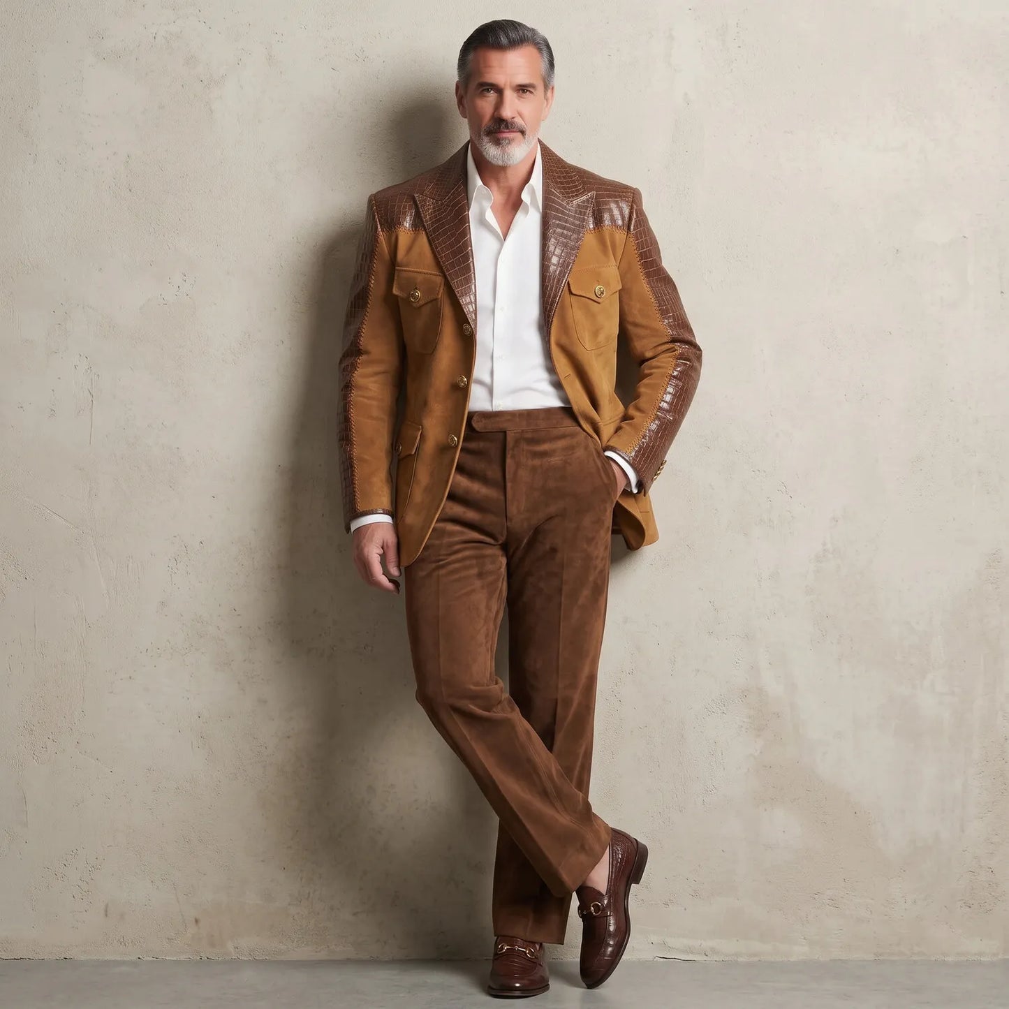 Men's Brown Suede Patchwork PU Leather Peak Lapel Single Pockets Breasted Slim Fit Blazer