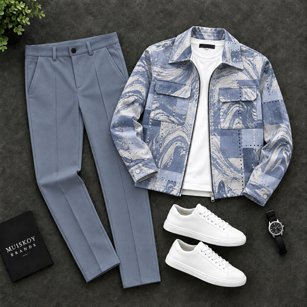 Men's Two-Piece Set: Jacket and Pants with Abstract Swirl Print and Two Pockets