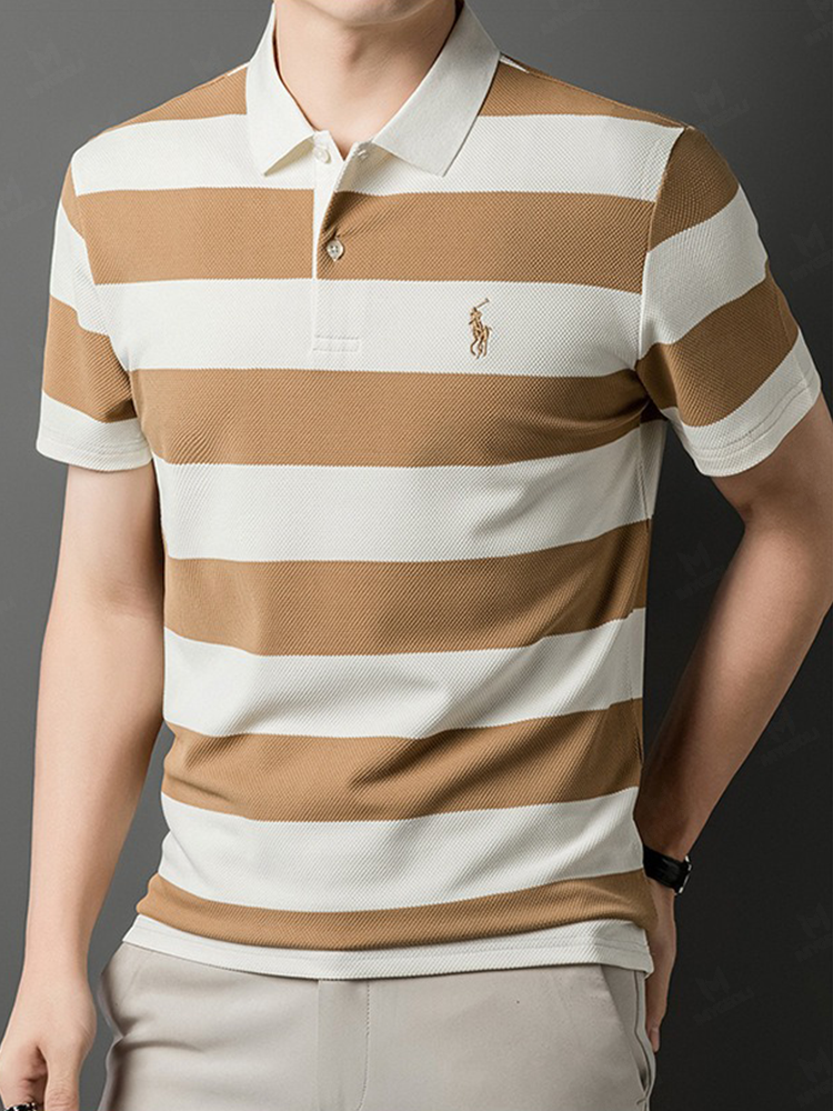 Men's Fashion Business Style Letter Printed Waffle Casual Short Sleeve POLO Shirt