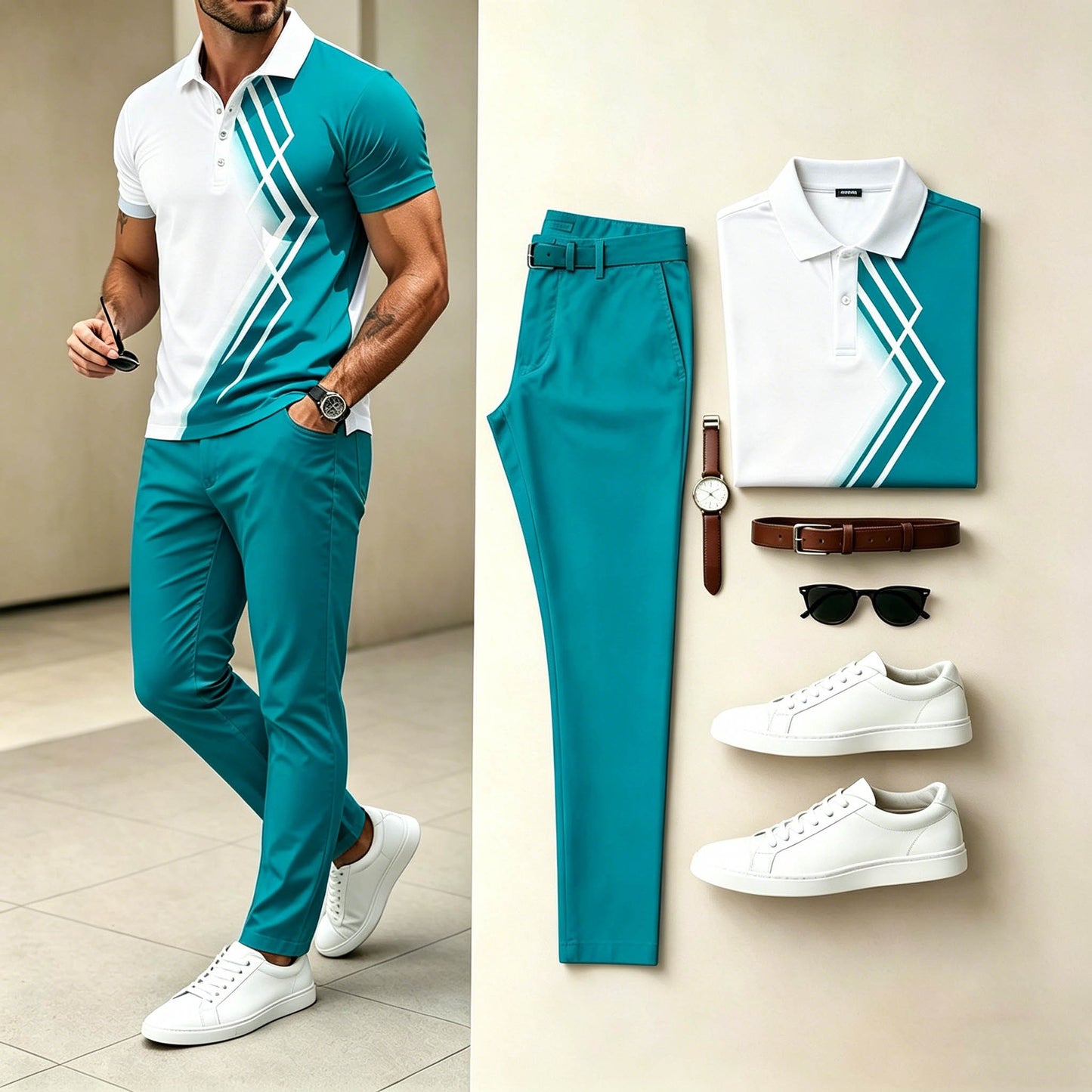 Men's Casual Teal White Diamond Geometric Printed Polo Shirt & Teal Pants Two-Piece Set