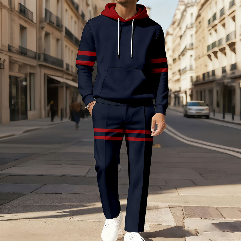 Men's Casual Color Matching Printed Long-Sleeve Hoodies Sweatshirt & Trousers Two-Piece Set