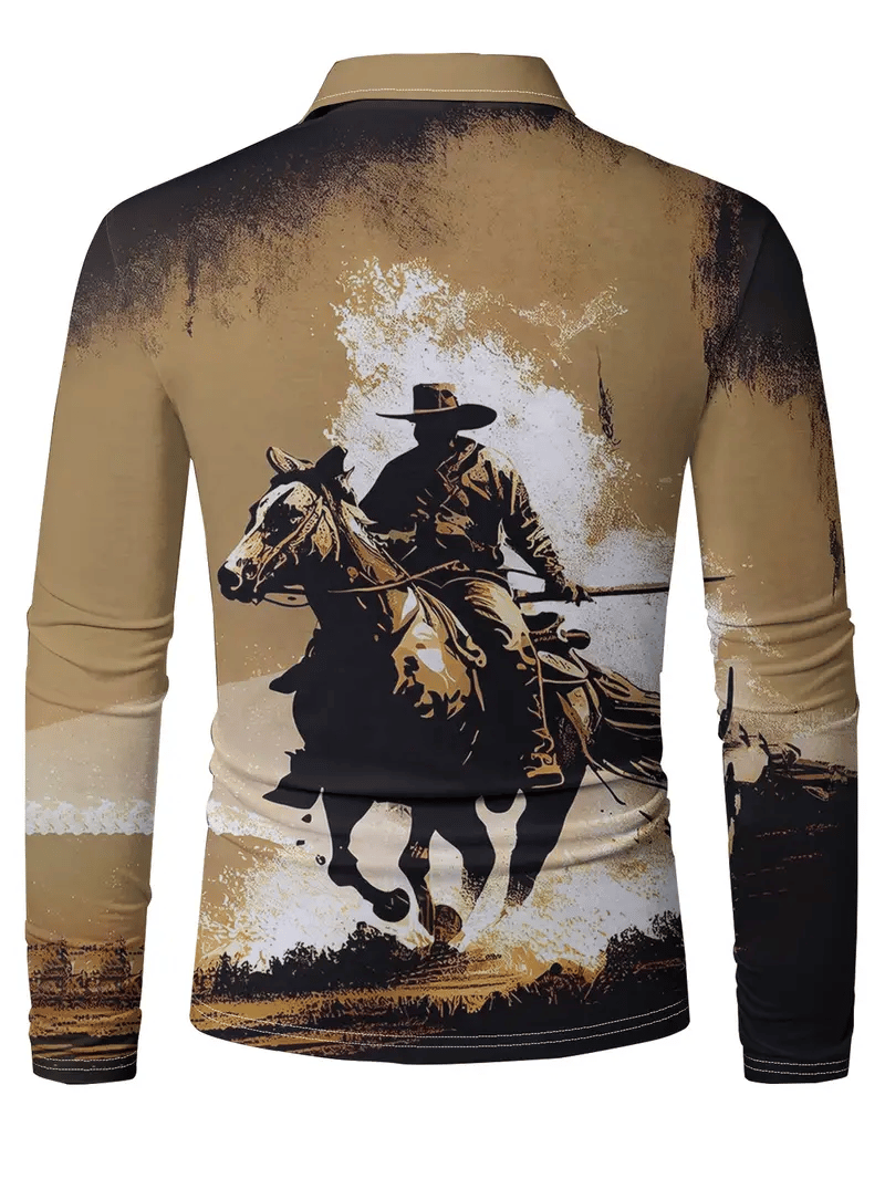 Men's Vintage Western Cowboy Print Long Sleeve Polo Shirt