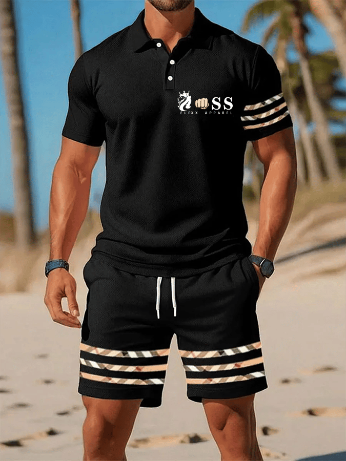 Men's Retro Letter Design Casual Business Short Sleeve Polo Shirt Suit