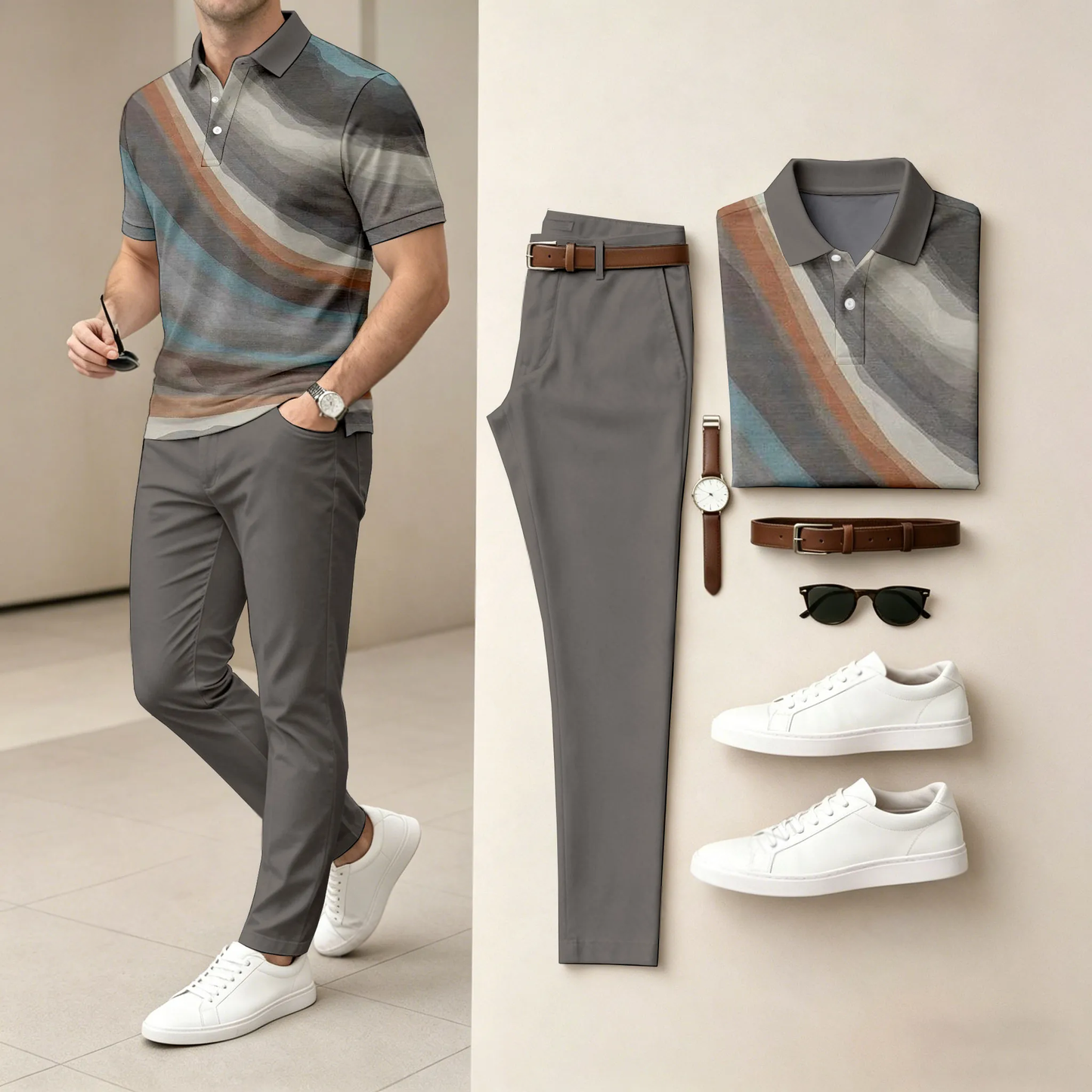 Men's Dark Gray Geometry Casual Printed Polo Shirt And Pants Two-Piece Set