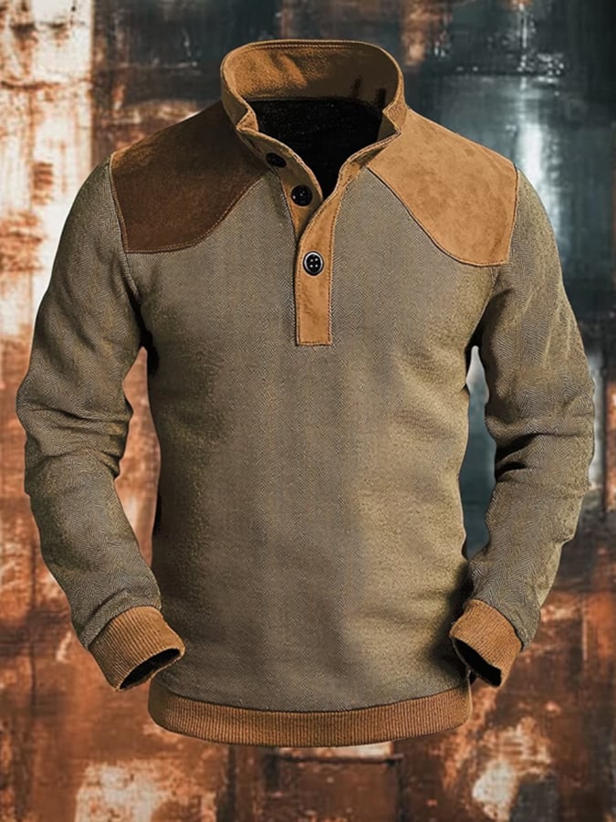 Men'S Casual Retro Contrast Color Stand Collar Long Sleeve Sweatshirt