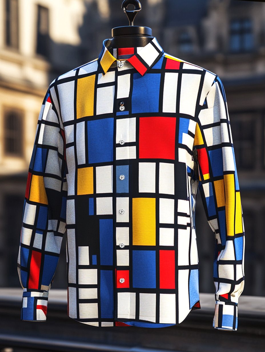 Men's Satin Geometric Casual Long Sleeve Button-Down Shirt