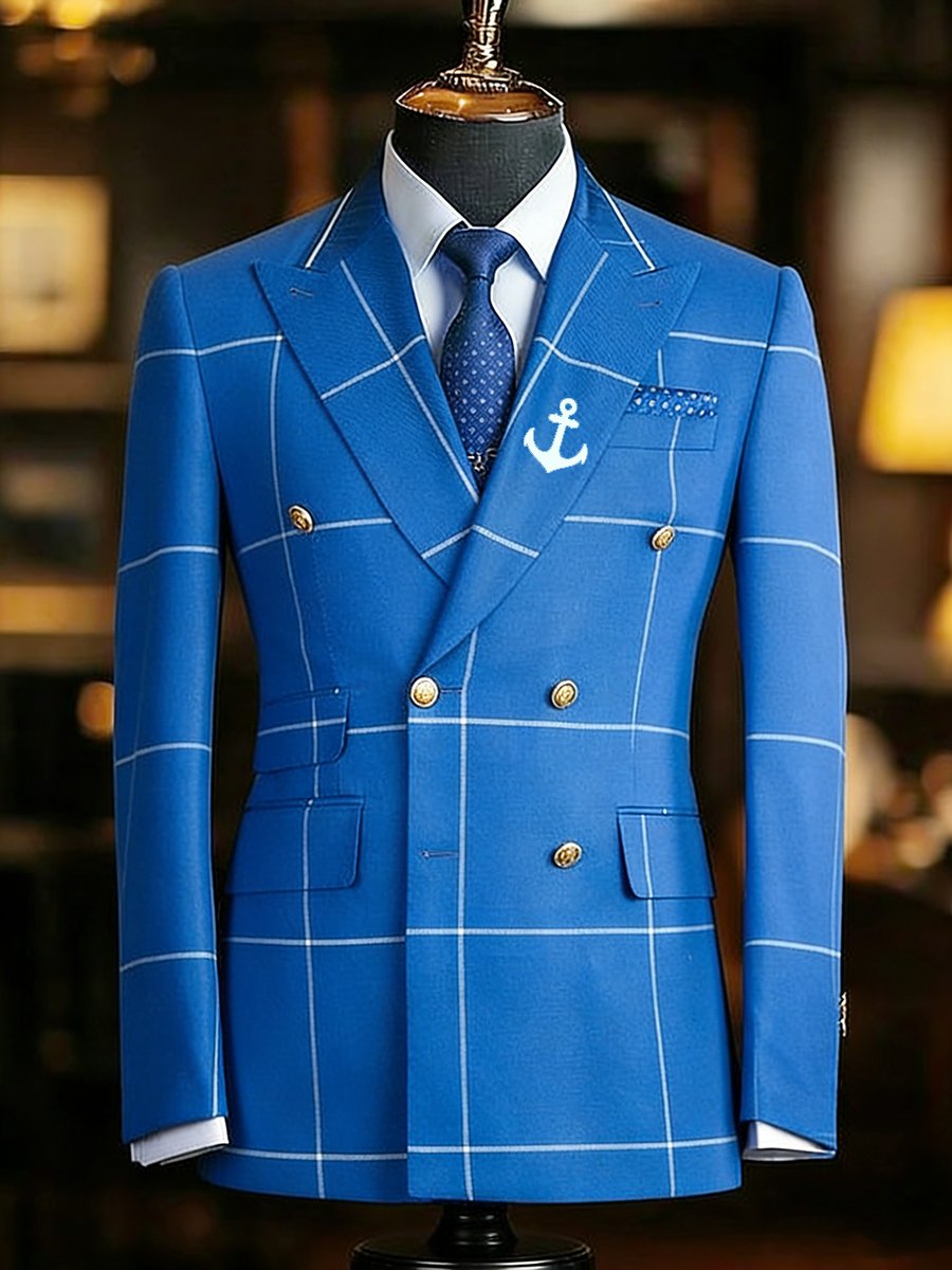 Men's Vintage Commemorative Edition Navy Plaid Suit Jacket