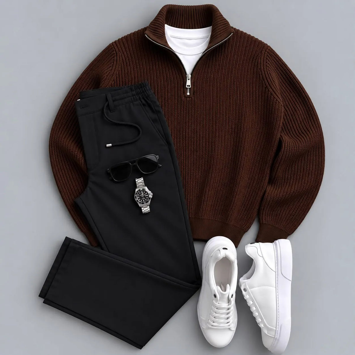 Men's Classic Quarter-Zip Ribbed Knit Sweater & Pants 2-Piece Set