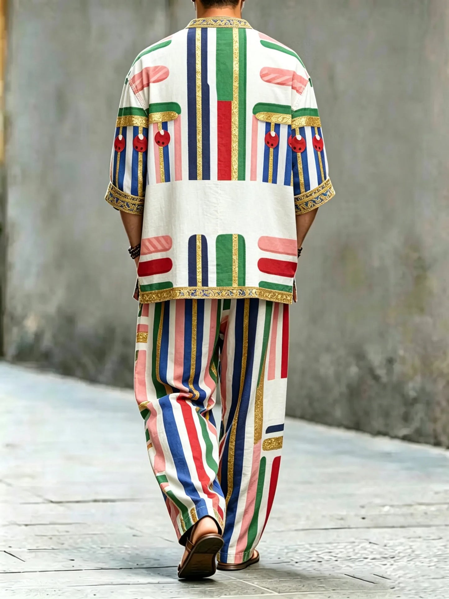 Men's Vintage Abstract Art Printed Cotton Shirt Set (Top & Pants)
