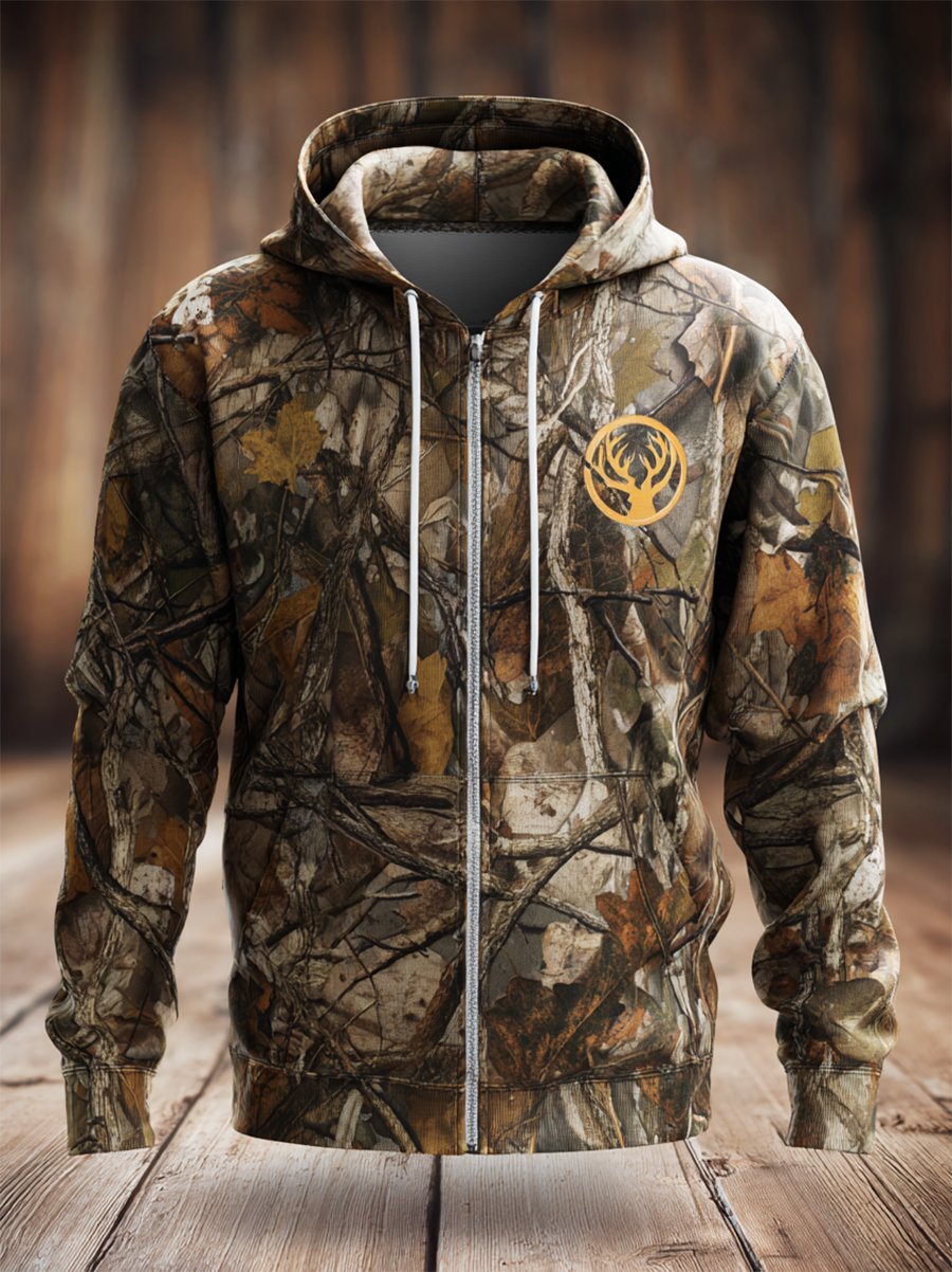Men's Retro Leaf Camouflage Hunting Full-Zip Cardigan Hoodie