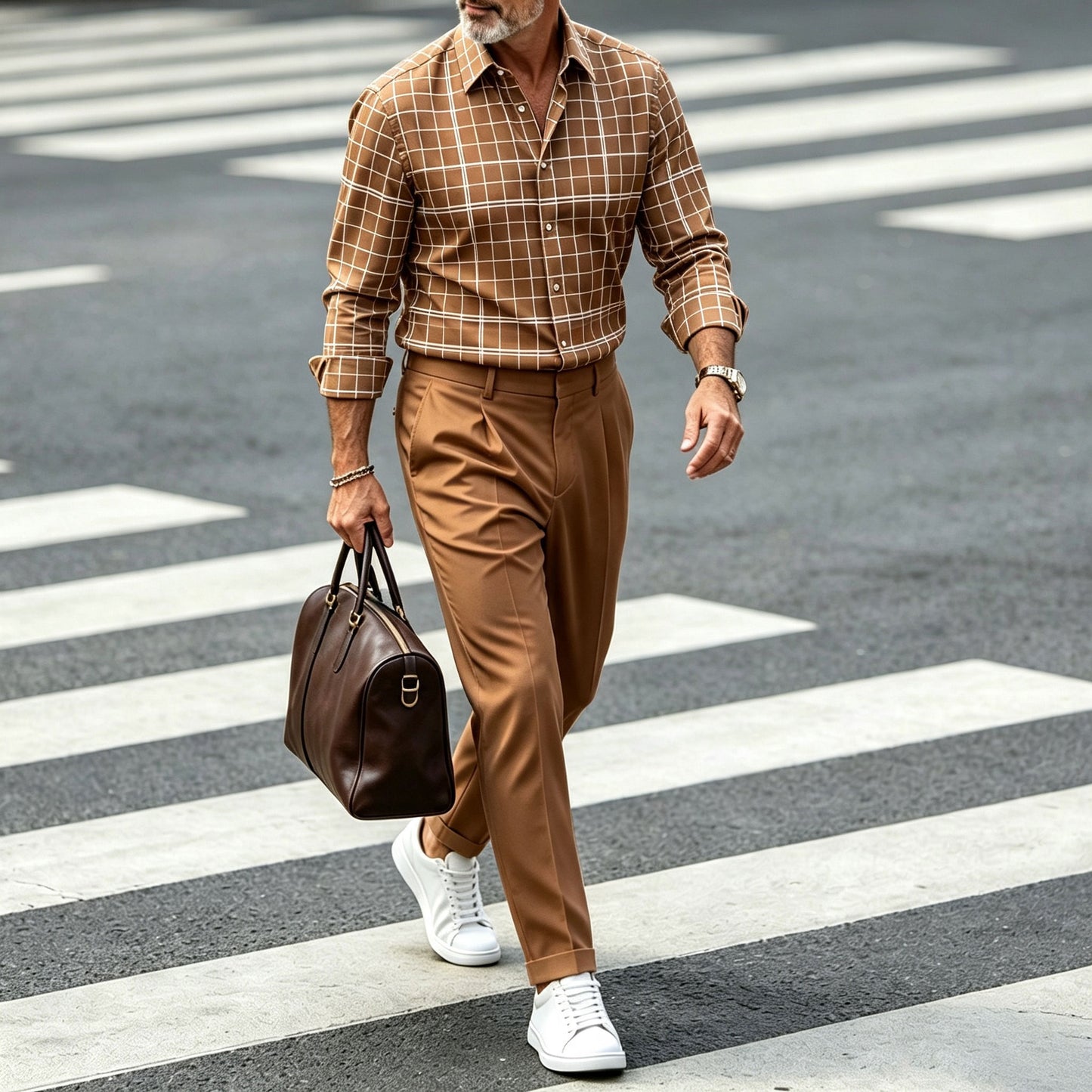 Men's Checkered Long-Sleeve Shirt and Pants Set with a Notched Collar