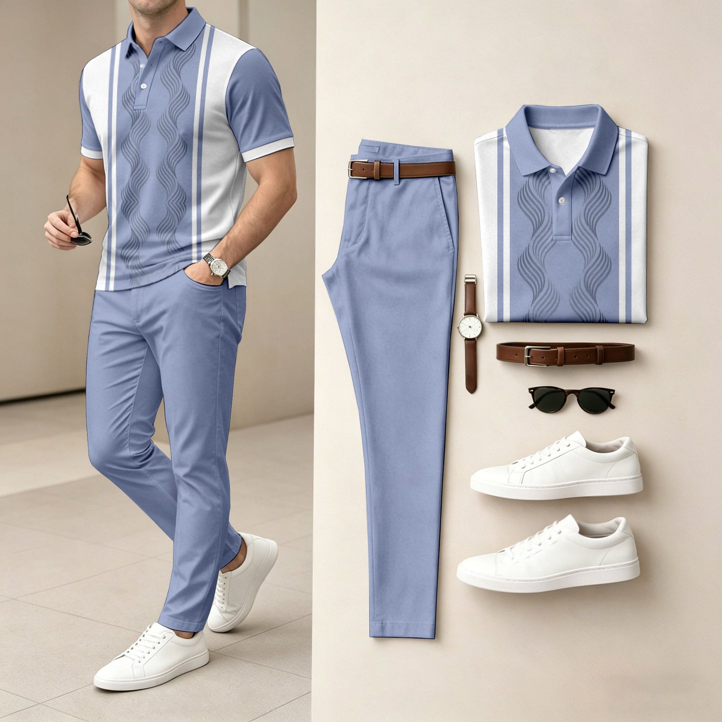 Men's Casual Vertical-Striped Printed Short-Sleeve Polo Shirt And Pants Set (Excludes Accessories Such As Watches And Belts)