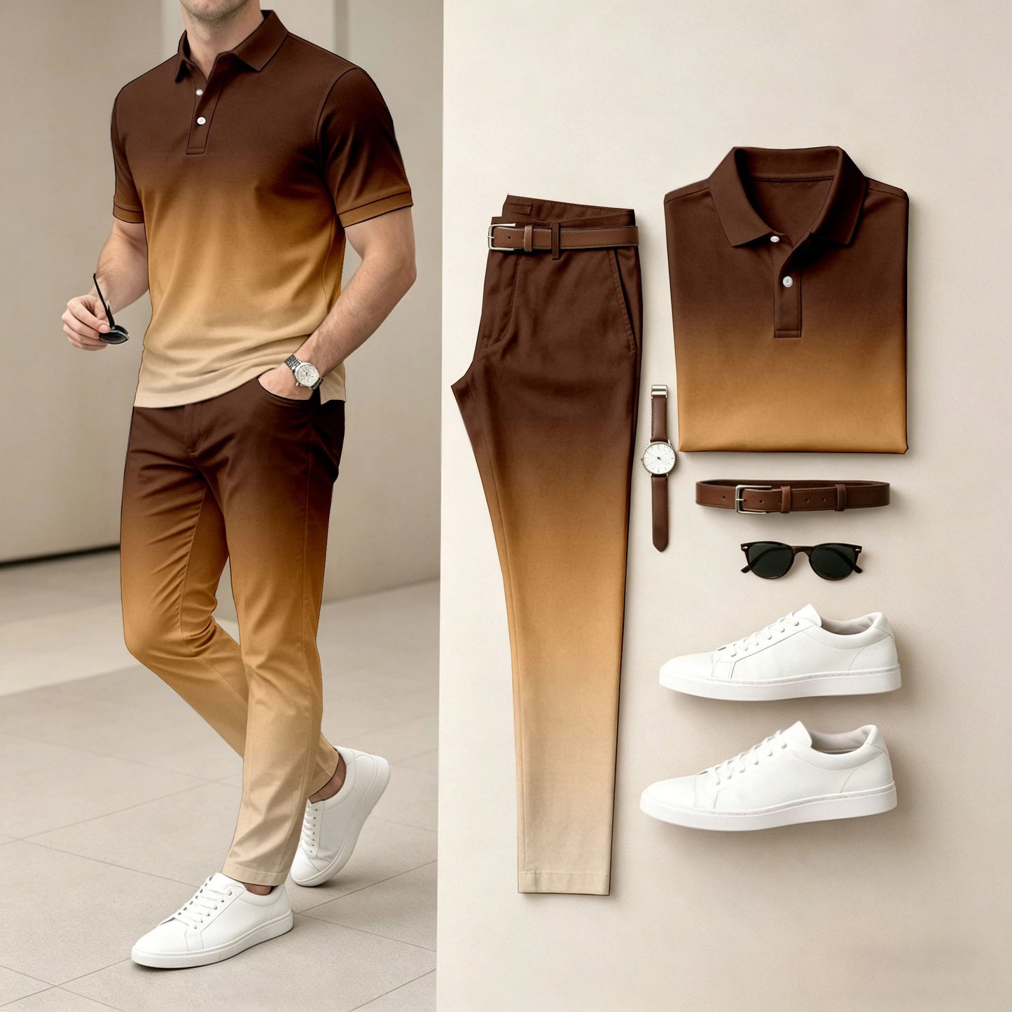 Men's Ombré Color Short-Sleeve Polo Shirt and Pants Two-Piece Set
