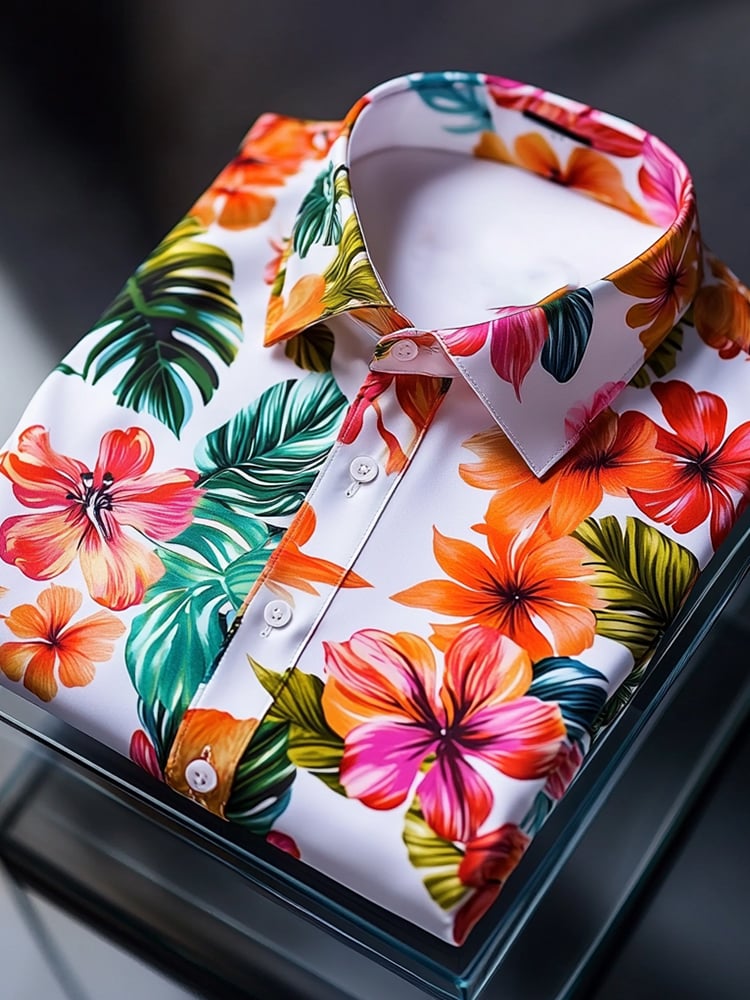 Men's Satin Luxe Hawaiian All Over Printed Bougainvillea Short Sleeve Button Shirt