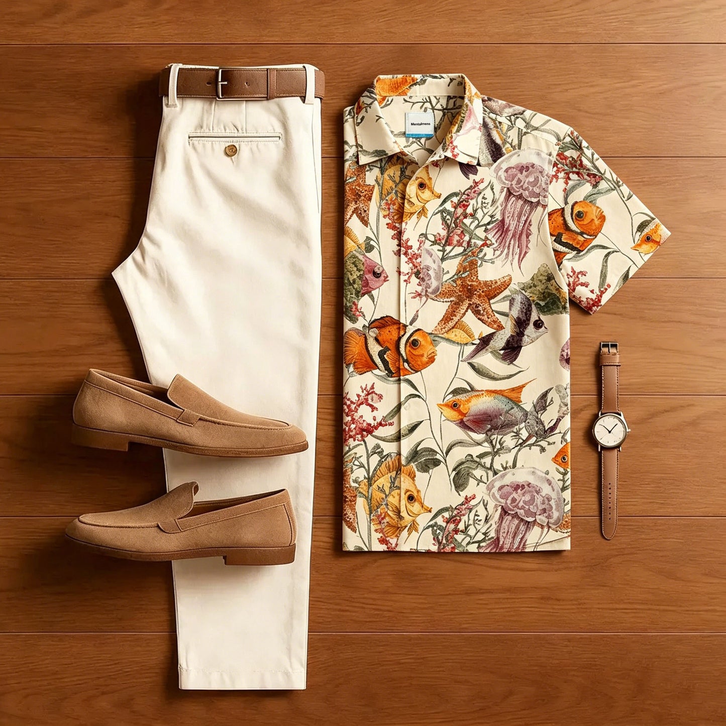 Men's Casual Style Marine Animals Print With Polo Collar Shirt & Pants Two-Piece Set