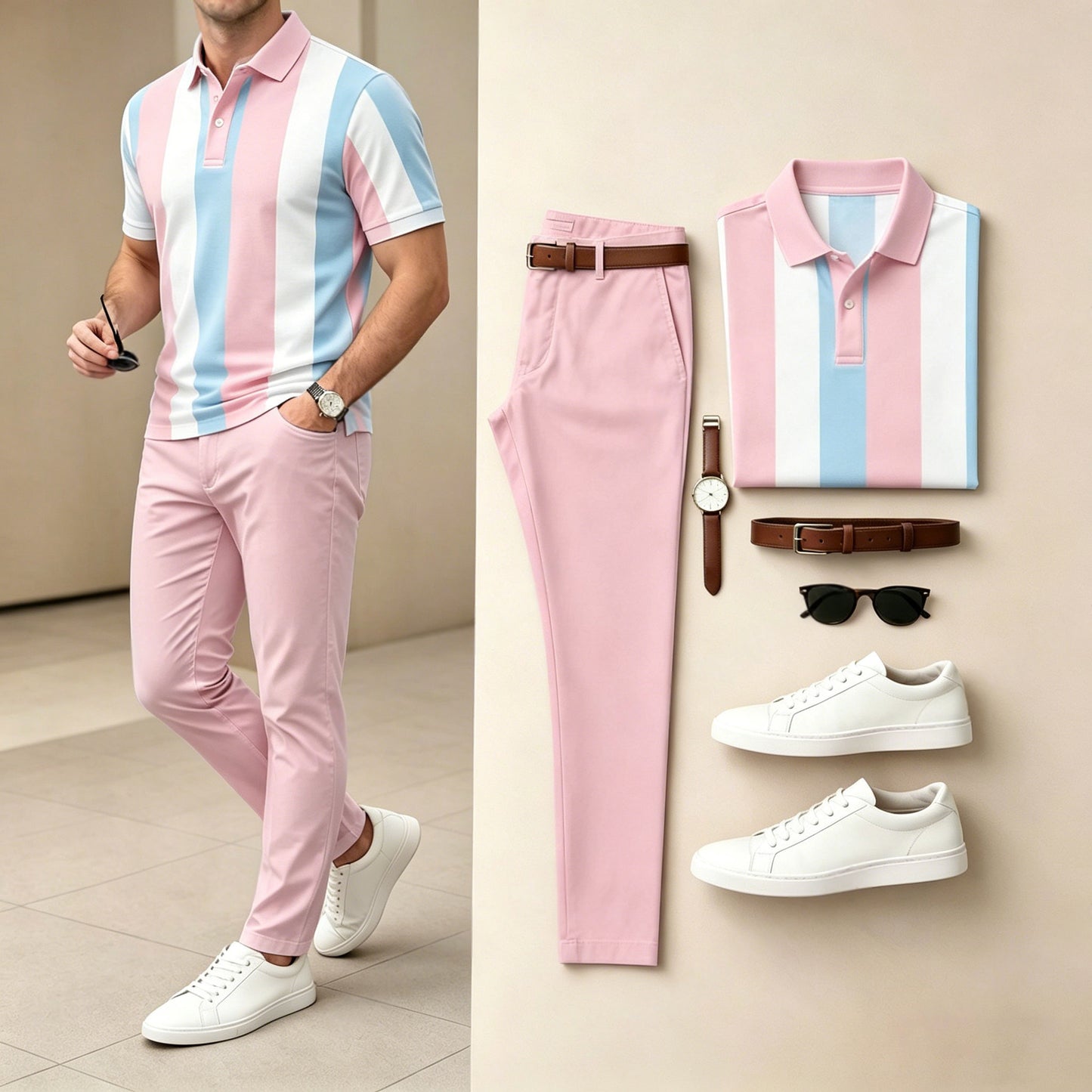 Men's Casual Pink Geometric Printed Polo Shirt And Pants Two-Piece Set