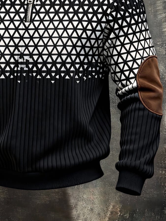 Men's Retro Color Block Print Color-Blocked Zip-Up Sweatshirt