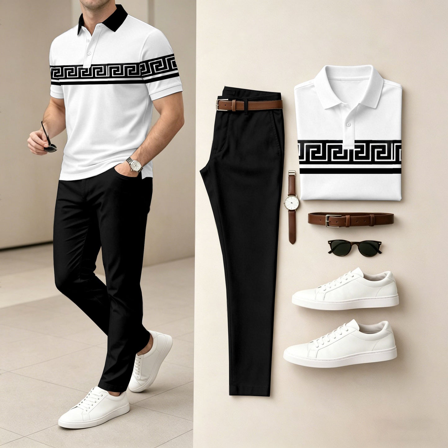 Men's Casual Black & White Printed Polo Shirt And Pants Two-Piece Set