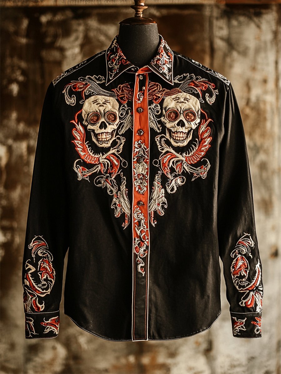 Men's Retro Casual Skull Print Long Sleeve Shirt