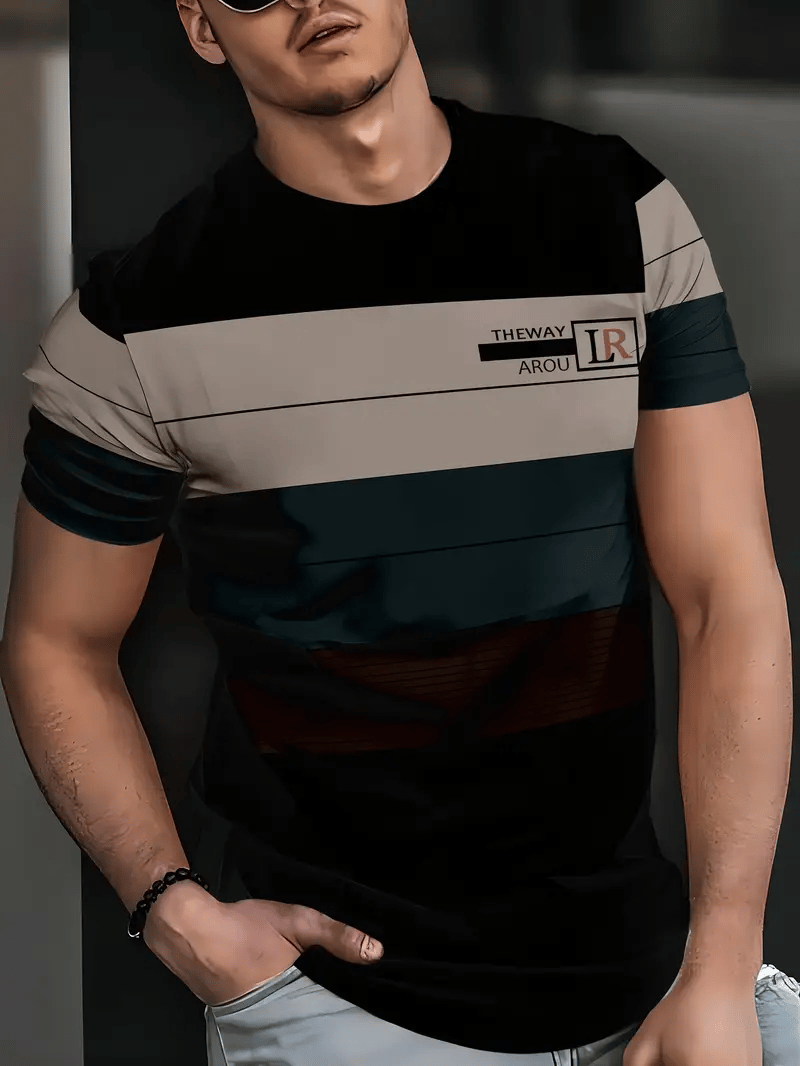 Men's Business Stripe Logo Print Short Sleeve T-Shirt