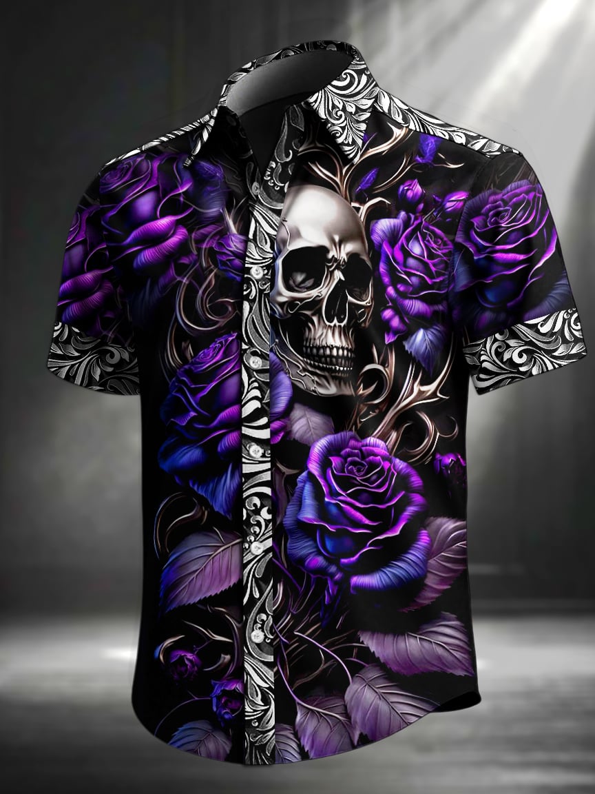 Men's Vintage Skull Floral Print Lapel Short Sleeve Shirt