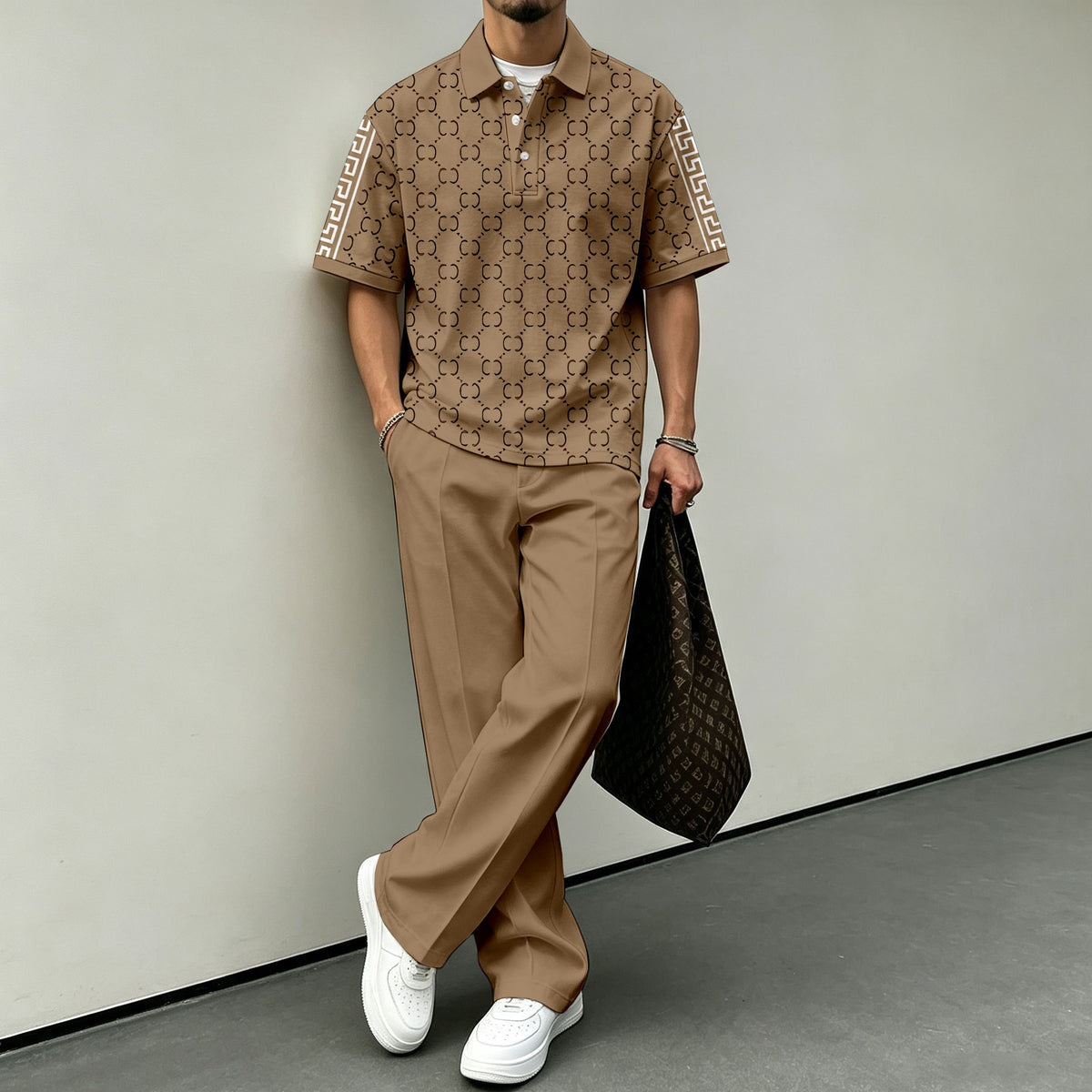 Men's Brown Printed Short-Sleeve Polo Shirt and Pants Set