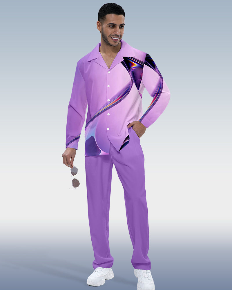 Men's Purple Gradient Print Long Sleeve Shirt Walking Suit 357