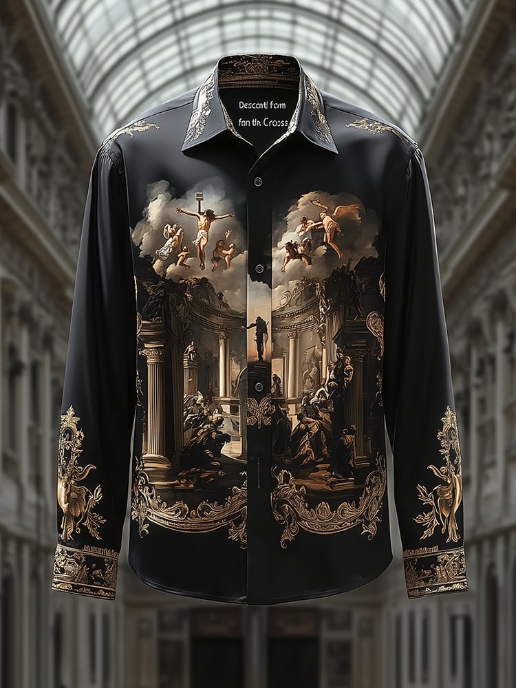 Men's Satin Luxe Descent From The Cross Baroque Long Sleeve Button Down Shirt