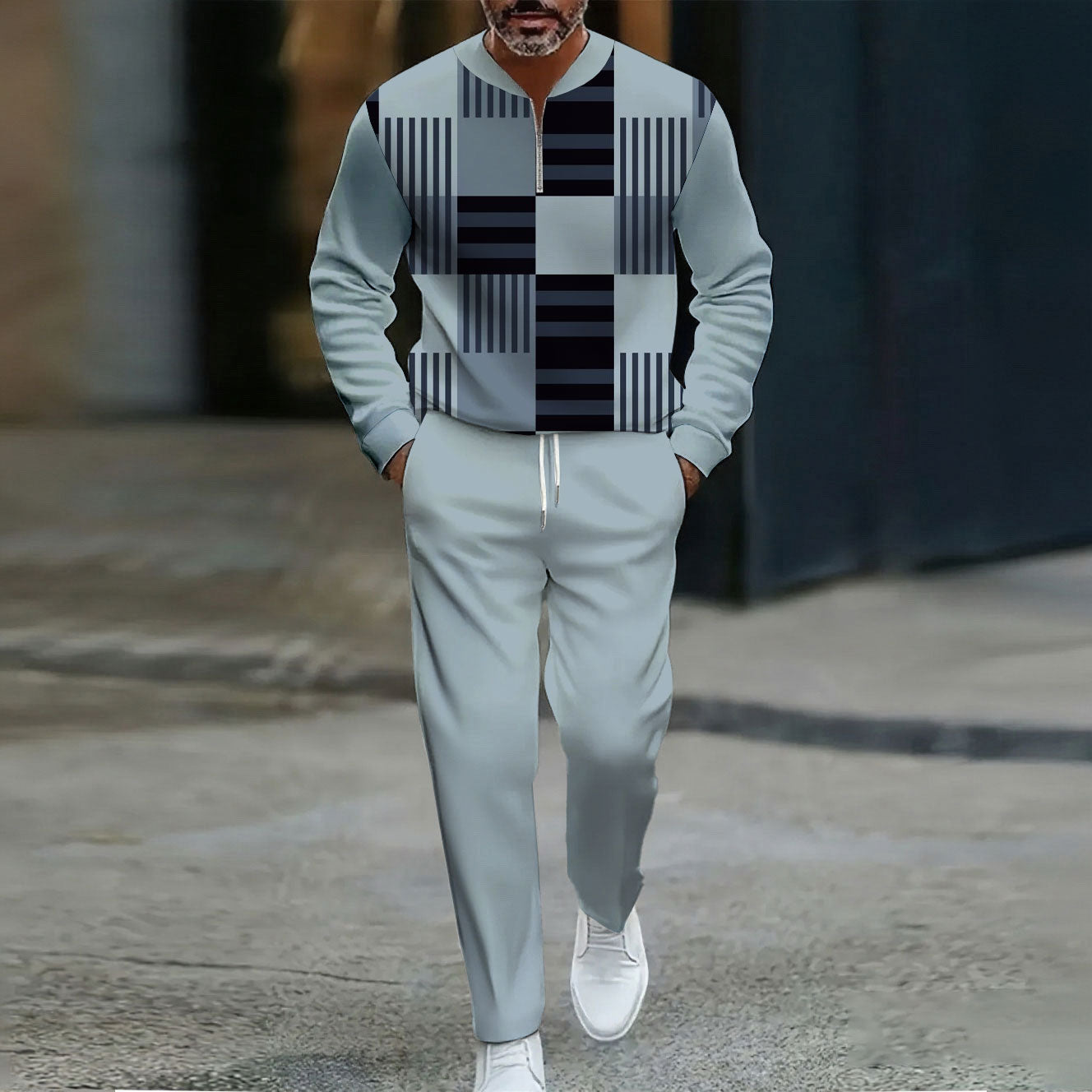 Men's Casual Gray Blue Color Matching Geometric Printed Round-Neck Zipper Long Sleeved Trousers Two-Piece Set