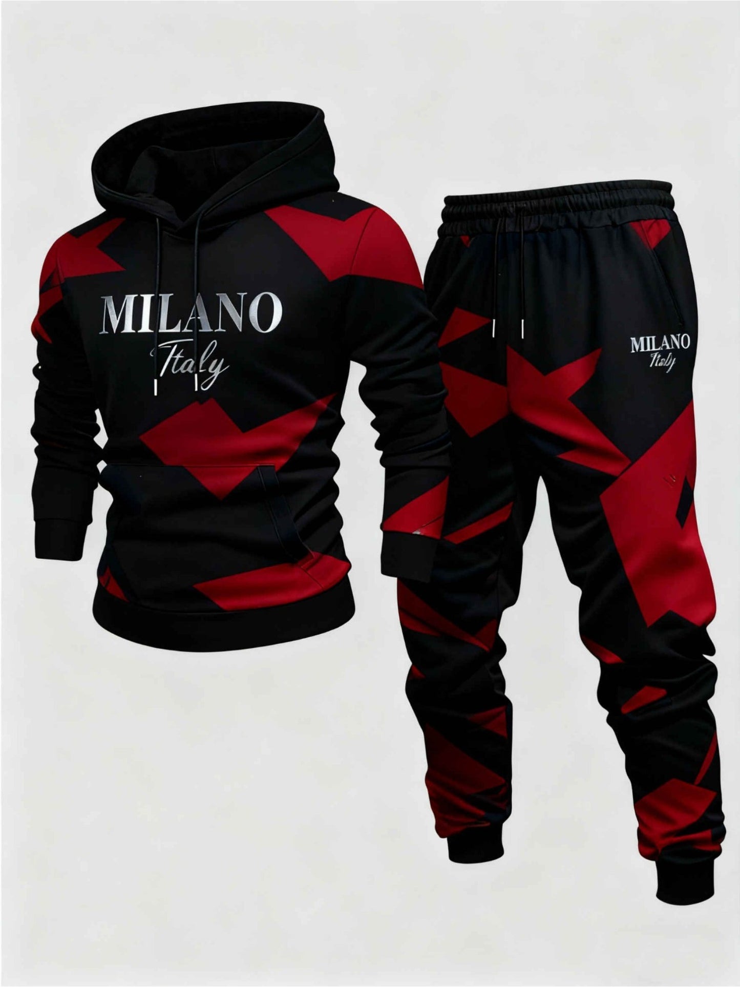 Men's Casual Black & Red Color Matching Geometric Printed Hoodies Long Sleeved Sweatshirts & Sweatpants Two-Piece Set