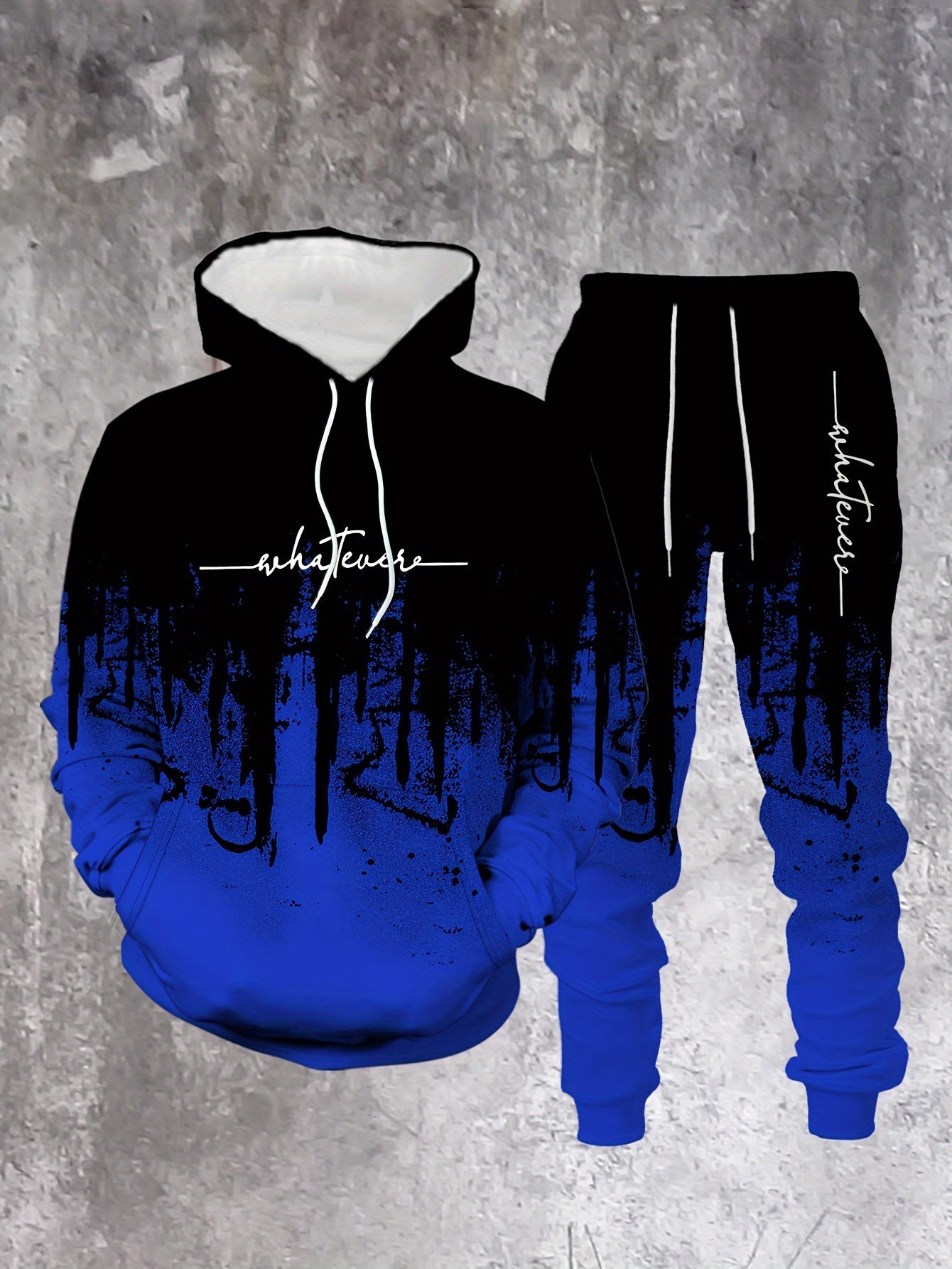Men's Casual Black & Royal Blue Gradient Color Printed Hoodies Long Sleeved Sweatshirts & Sweatpants Two-Piece Set