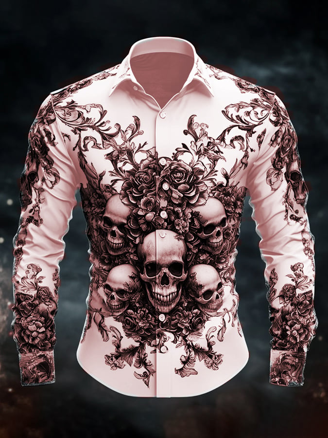 Men's Casual Vintage Brogue Skull Pattern Shirt