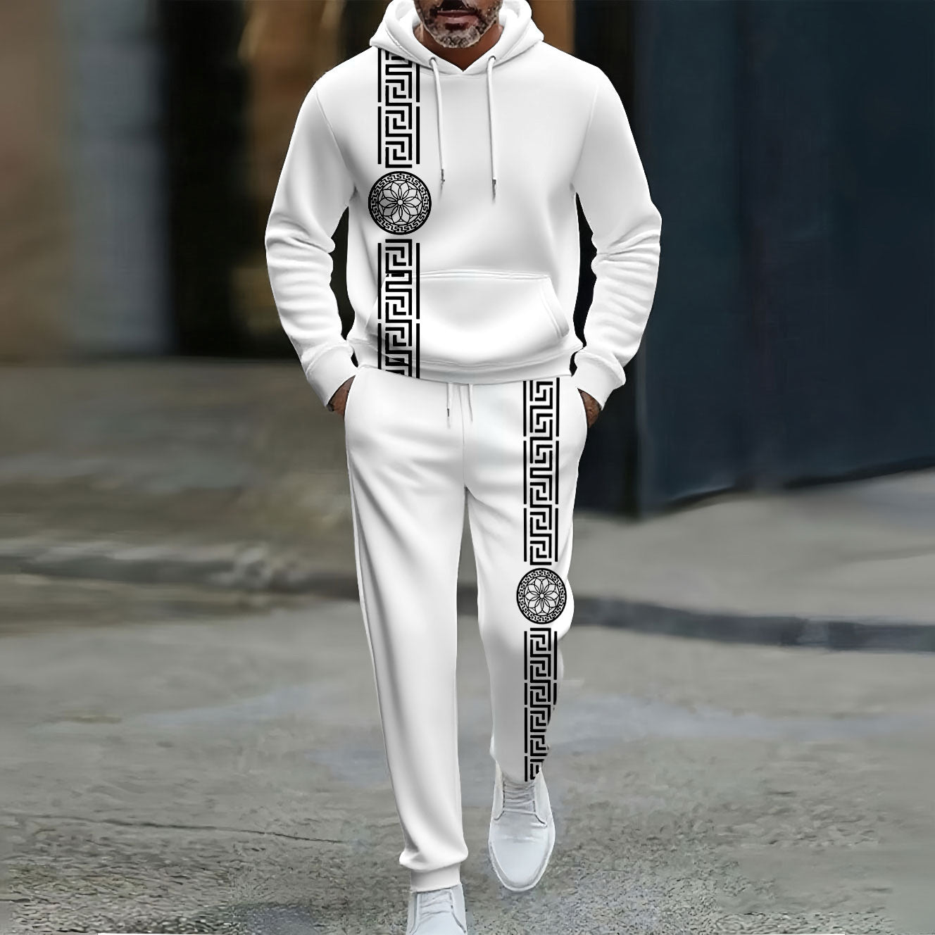 Men's Casual Color Matching Viking Asymmtric Printed Hooded Long Sleeved Trousers White Two-Piece Set
