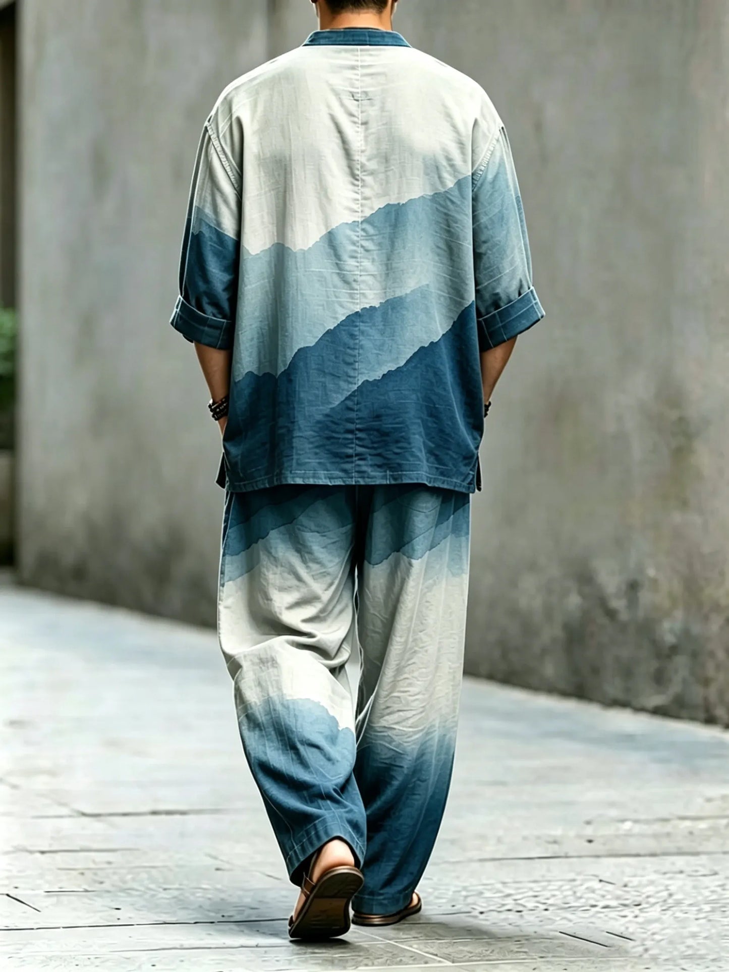 Men's Vintage Abstract Art Printed Cotton Shirt Set (Top & Pants)