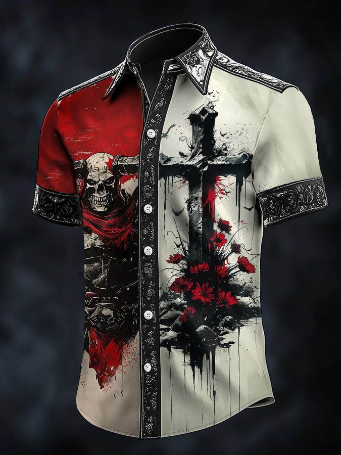 Men's Casual Vintage Viking Skull Satin Shirt