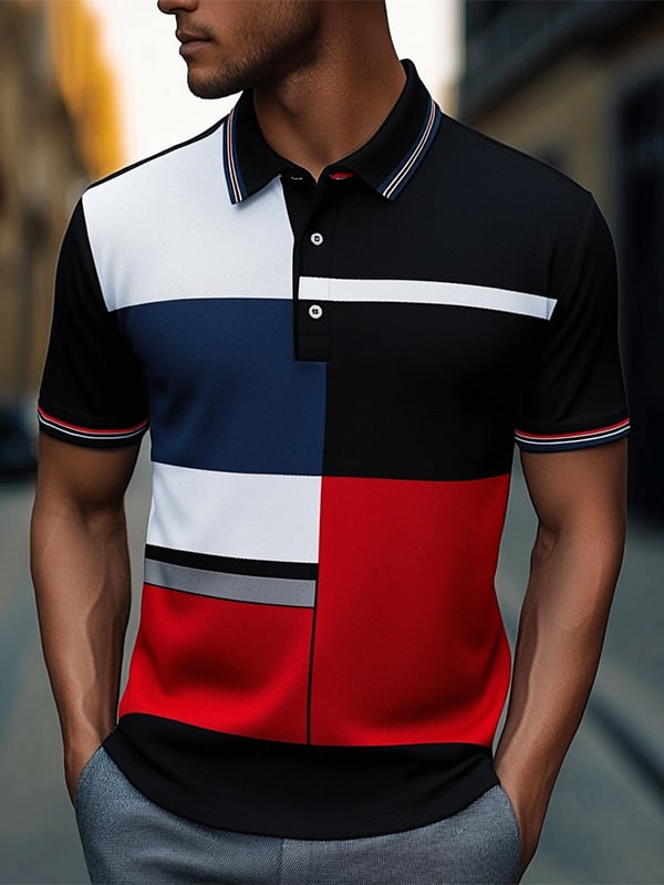 Men's Business Stripe Logo Button-Down Short Sleeve Polo Shirt