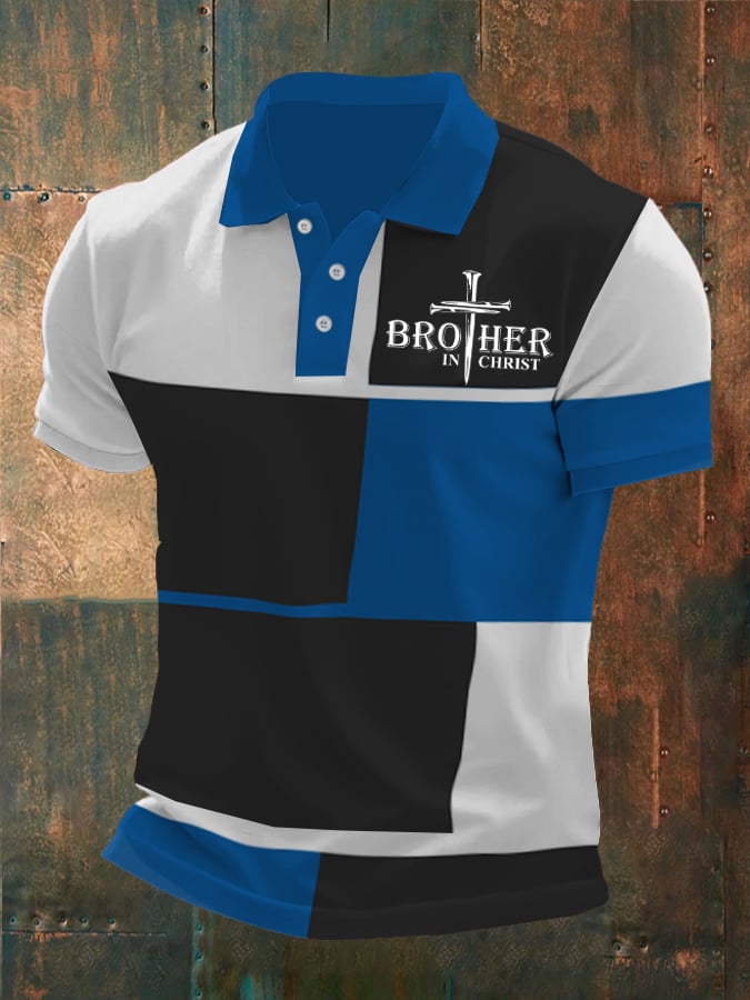 Men'S Brother In Christ Print Contrast Polo Shirt