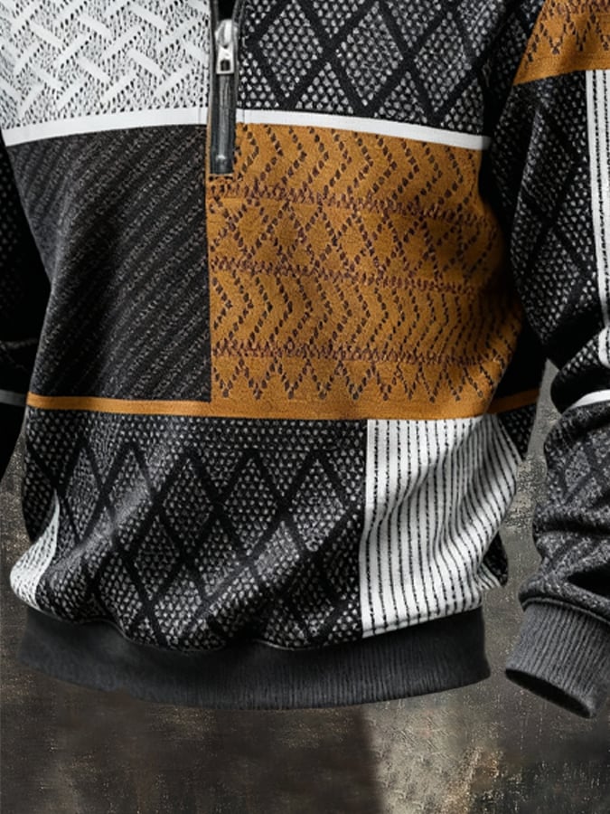 Men'S Casual Retro Contrast Color Half Zip Stand Collar Long Sleeve Sweatshirt