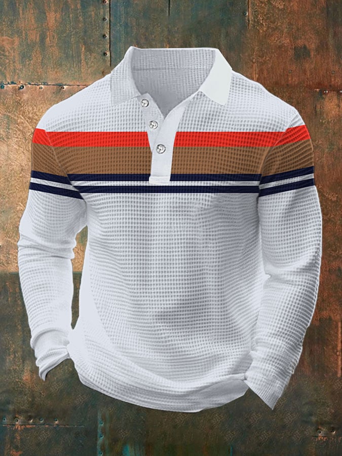 Men's Vintage Casual Waffle Long Sleeve Polo Shirt