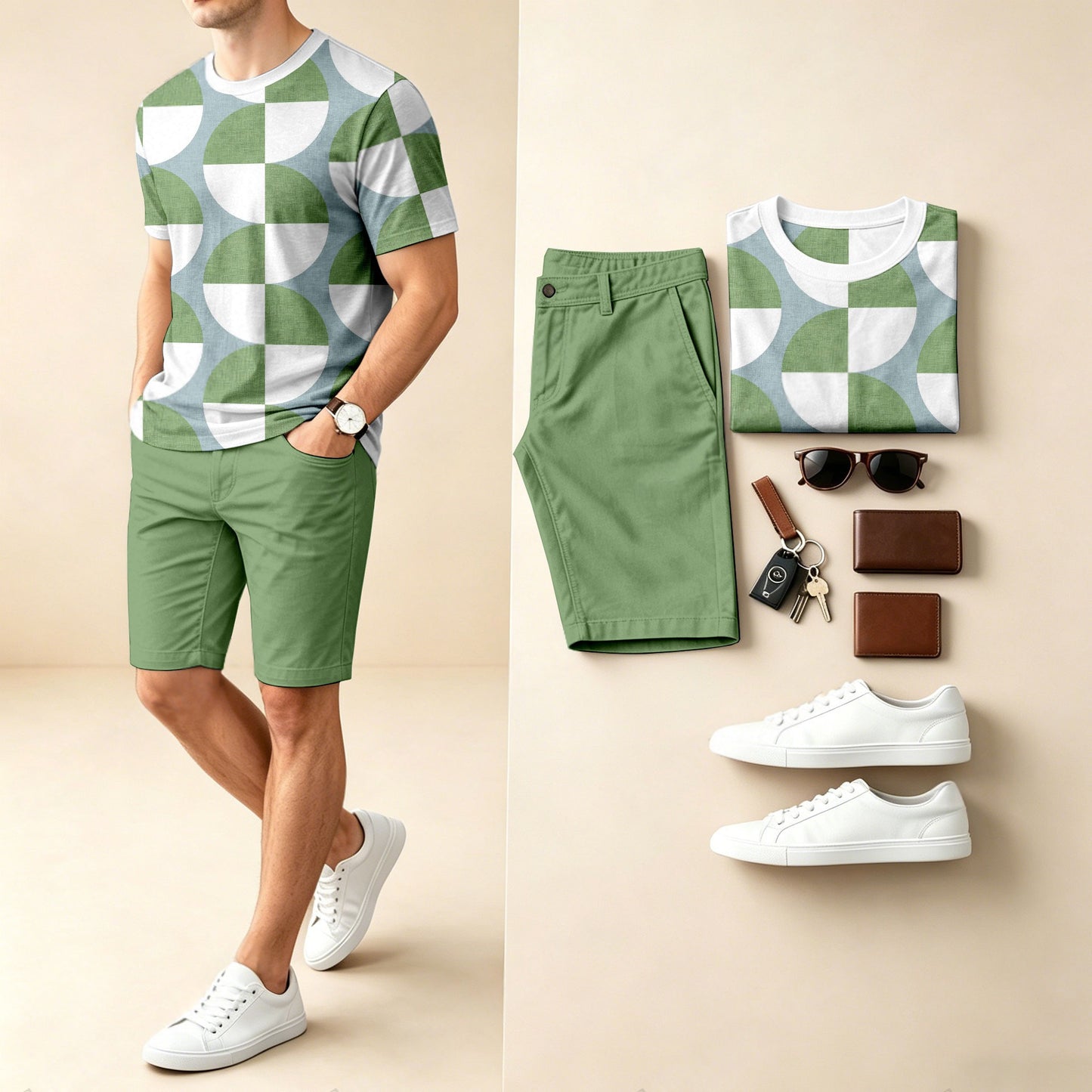 Men's Casual Color-Blocked Printed Round-Neck Short-Sleeve T-Shirt And Shorts Two-Piece Set