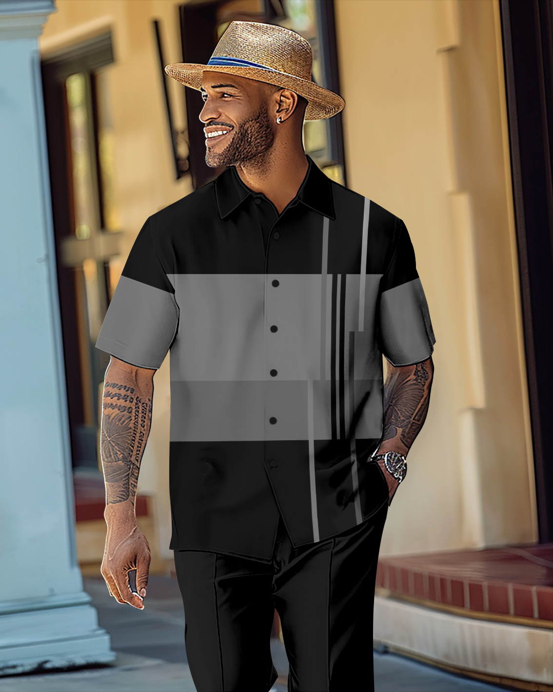 Men's Gradient Color Block Short Sleeve Shirt Walking Suit 1143