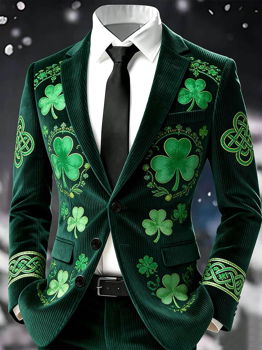 Men's Vintage Lucky Clover St. Patrick's Day Party Corduroy Suit Jacket