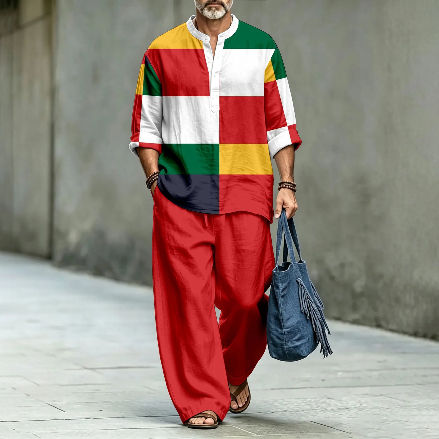 Men's Stand-Collar Polo Shirt and Long Pants Two-Piece Suit Set